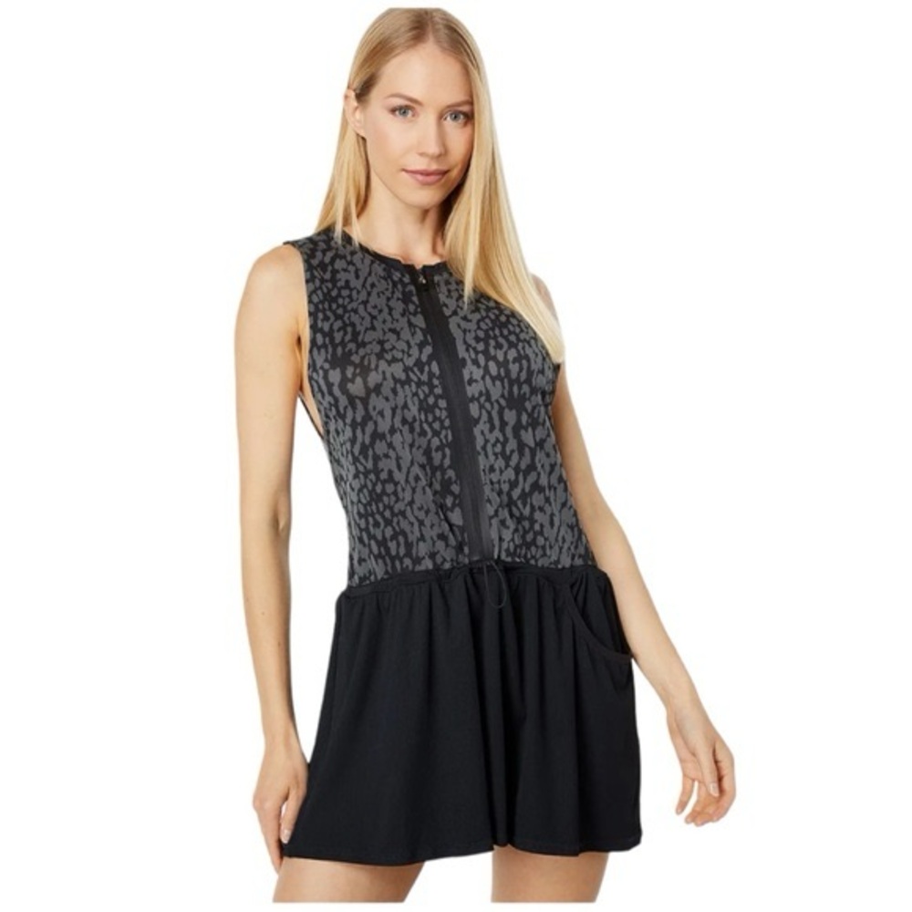 Varley Lagoda Tennis Dress with a Zippered Front & Contrast Cheetah Print